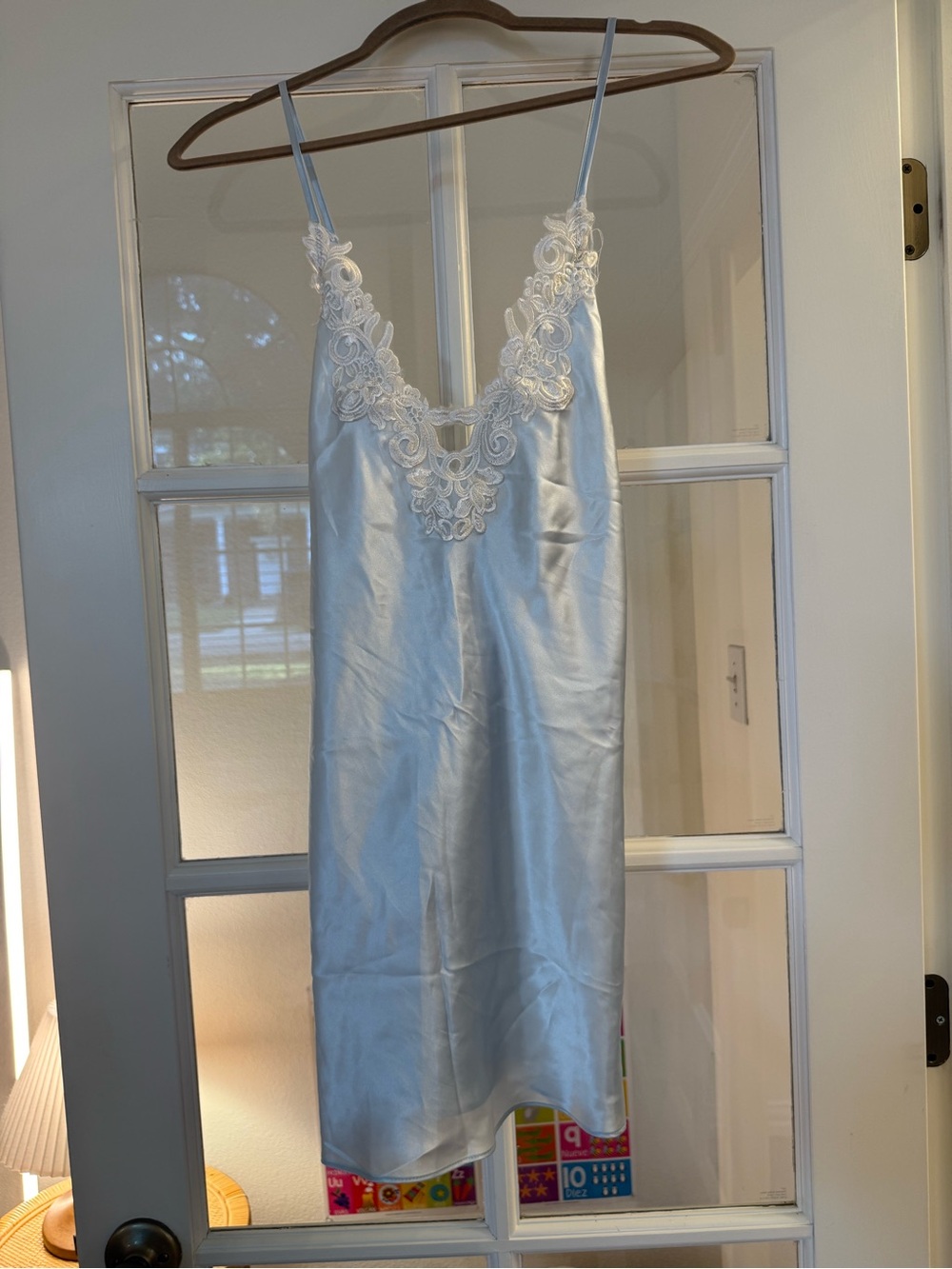 Light Blue Satin Chemise with White Lace Trim
